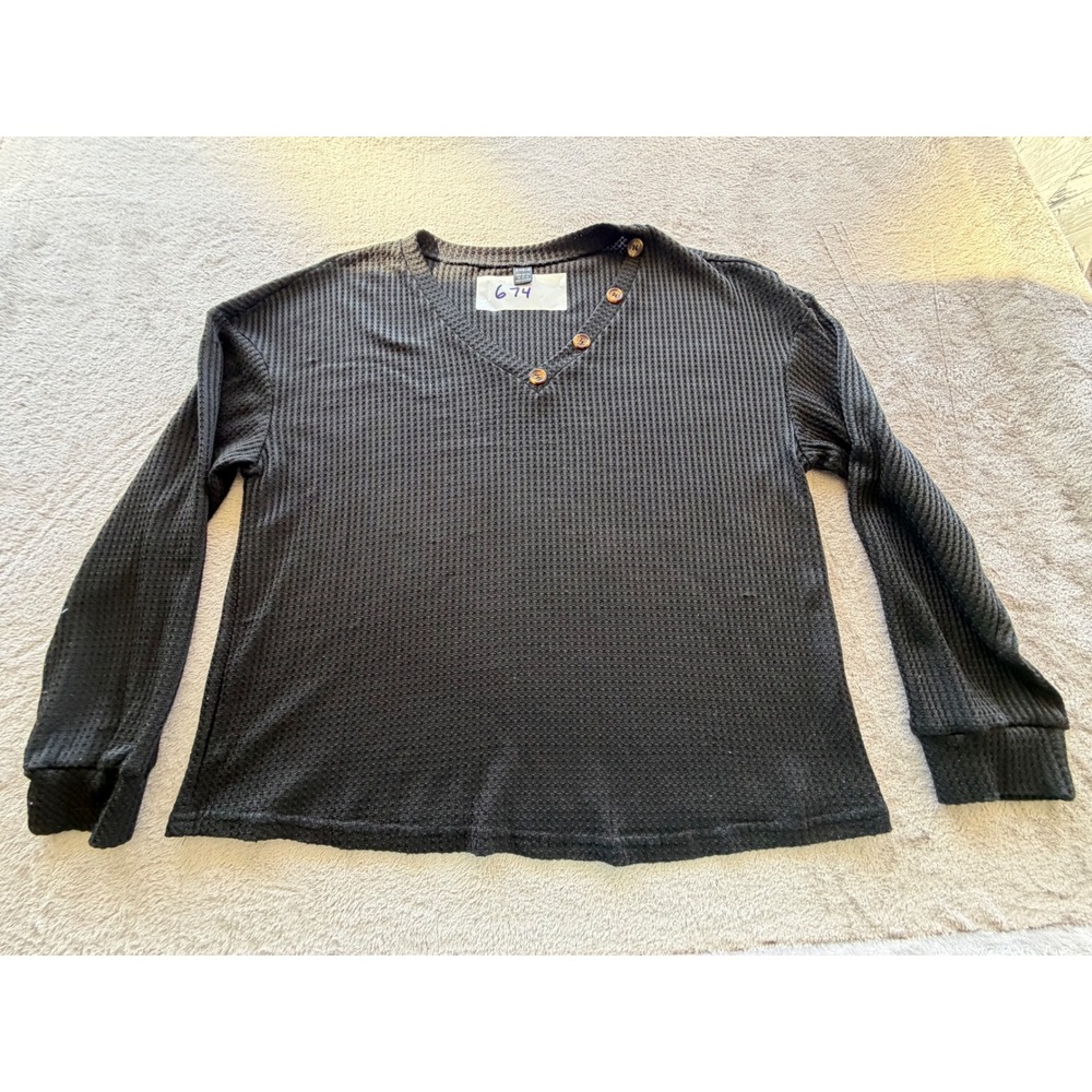 SHEIN Waffle Knit Top Womens XL Black  V-Neck Button Detail Long Sleeve